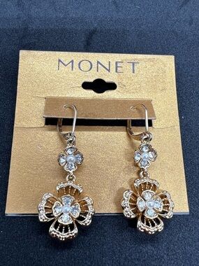 Vintage Monet Gold Tone Rhinestone Double Flower Drop Dangle Earrings Signed